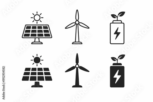 Renewable energy icons featuring solar panels, wind turbines, and eco-friendly batteries