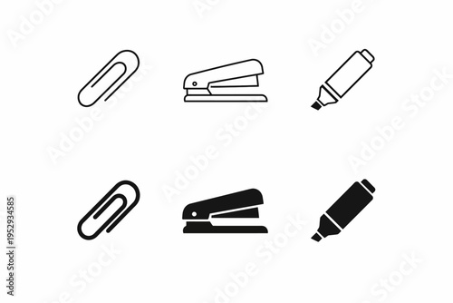 Minimalist black and white icons of office supplies: paperclip, stapler, highlighter