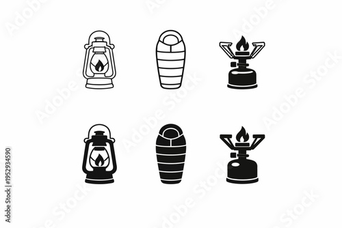 Camping gear icons: lanterns, sleeping bags, and portable stoves in black and white