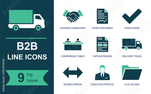 B2B line icon set. Containing handshake, chart file, check mark, conference table, data notebook, delivery truck, double arrow, executive profile, file folder and more. Line vector icons.