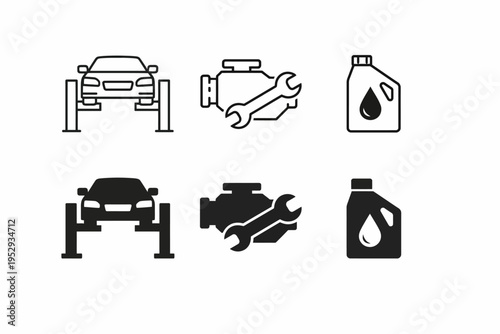 Car maintenance icons: vehicle service, engine repair, oil change symbols