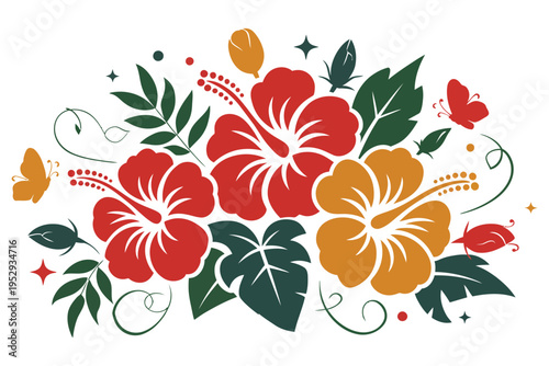 Vibrant tropical hibiscus flowers arrangement with green leaves and delicate butterflies in bright cheerful colors