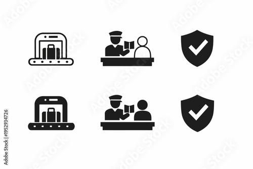 Airport security icons: baggage scanner, customs officer, security shield symbols