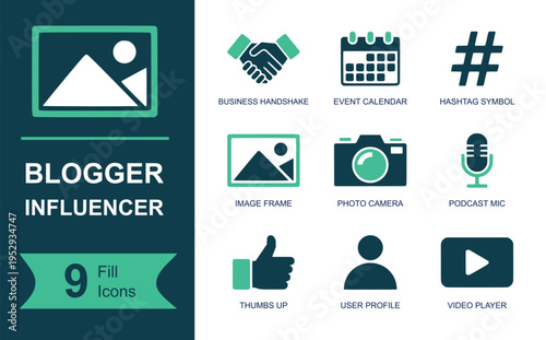 Blogger influencer icon set. Containing handshake, event calendar, hashtag, image frame, photo camera, podcast mic, thumbs up, user profile, video player and more. Solid vector icons.