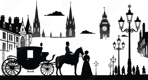 Victorian city street scene with horse carriage, elegant couple, historic buildings, and vintage street lamps, classic black silhouette vector illustration for retro urban themes