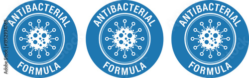 Antibacterial Formula Seal Icon Set with Microbe Virus Symbol in Circular Medical Badge Design for Hygiene Healthcare Product Packaging Vector Illustration