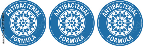 Antibacterial Formula Badge Icon Set with Virus Microbe Symbol in Circular Medical Seal Design for Hygiene Product Packaging Vector Illustration