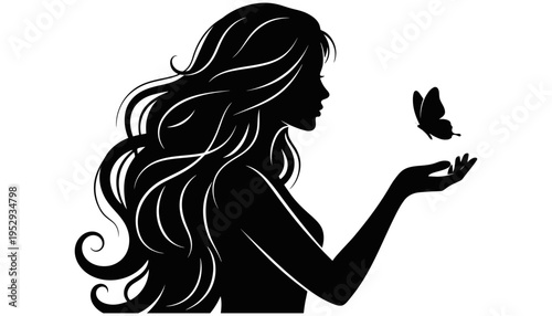 A woman silhouette with long hair and a butterfly icon