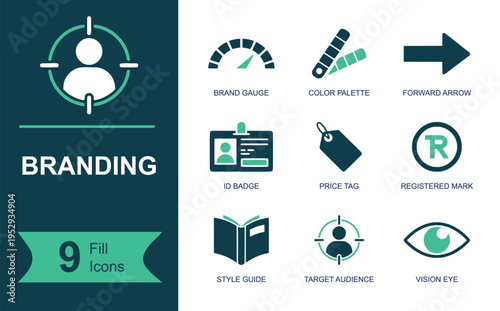 Branding icon set. Containing brand gauge, color palette, forward arrow, ID badge, price tag, registered mark, style guide, target audience, vision eye and more. Solid vector icons.