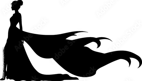 Woman silhouette standing in a long dress with a flowing train