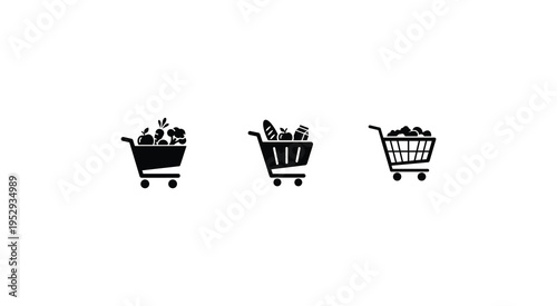 Three black shopping cart icons on a white background