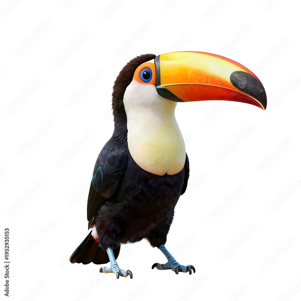 Fototapeta premium Cartoon toucan standing on a white background looks cute and colorful