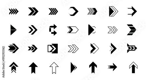 Minimalist Black Arrow Icon Set with Directional Pointers, Chevrons, and Navigation Symbols