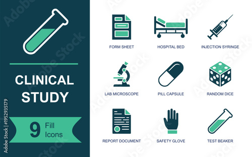 Clinical study line icon set. Containing form sheet, hospital bed, syringe, microscope, pill capsule, random dice, report document, safety glove, test beaker and more. Line vector icons.