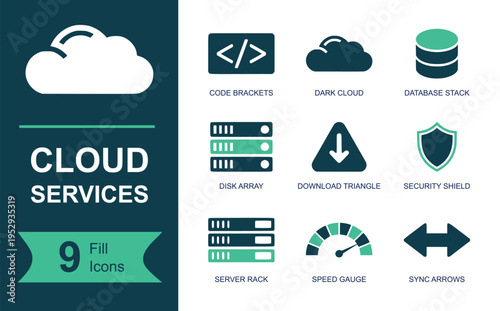Cloud services icon set. Containing code brackets, cloud, database stack, disk array, download triangle, security shield, server rack, speed gauge, sync arrows and more. Solid vector icons.