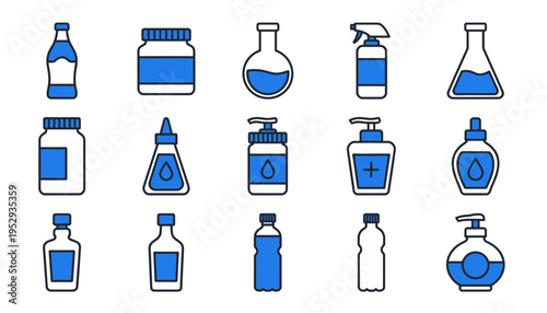 Bottle and Container Icon Set Vector - Blue Outline Packaging for Cosmetics and Lab
