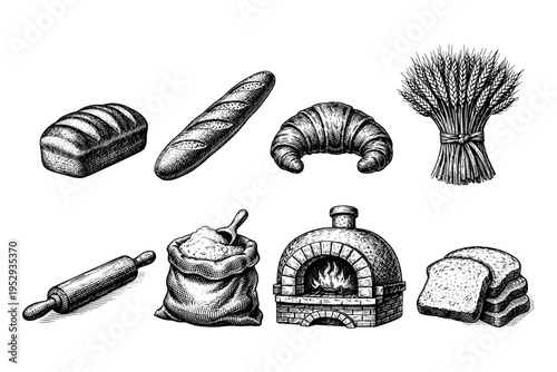 Collection of vintage bakery items including bread, croissant, wheat, and oven