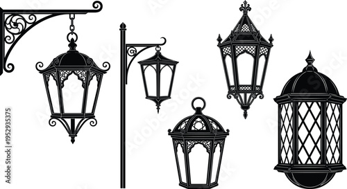Vintage outdoor lantern collection with ornate street lights, classic decorative lamps, antique black silhouette vector illustration for urban lighting, architecture, and retro design themes