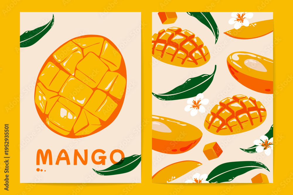 Fototapeta premium Mango packaging design. Tropical fruit label with organic ripe sweet mangos, abstract vintage posters for juice or smoothie. Vector background set