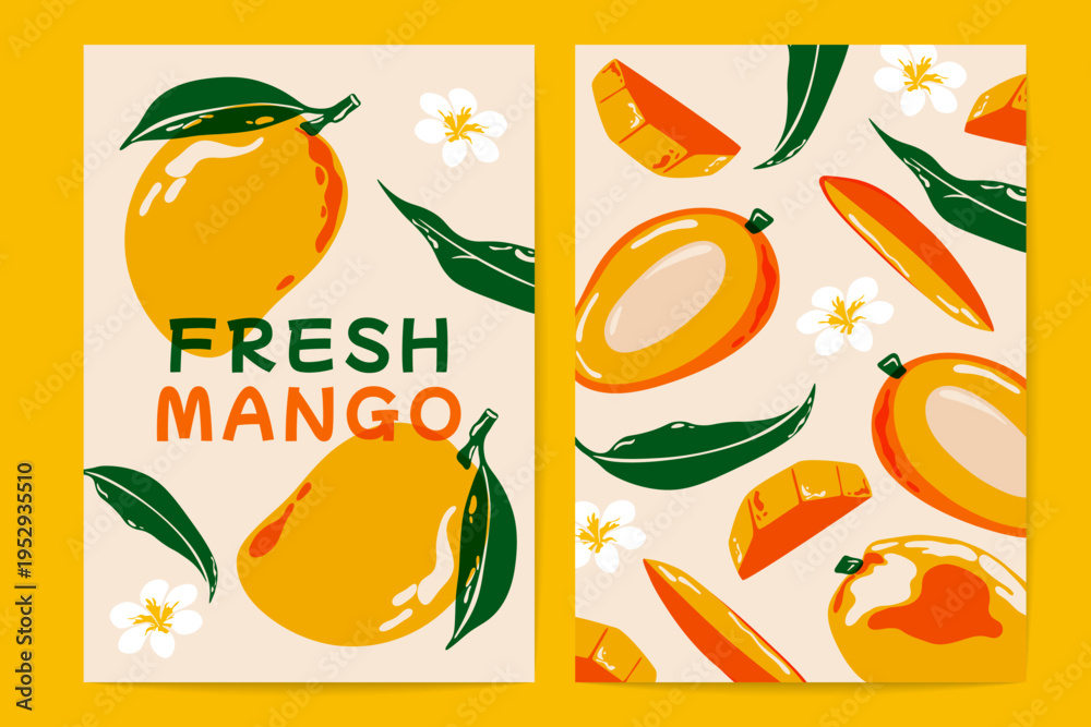 Naklejka premium Mango backgrounds. Tropical fruit posters with ripe yellow mango, abstract banner design with asian juicy fruits, healthy food diet concept. Vector vintage set