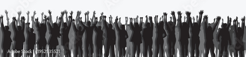 Silhouette of a crowd of people watching a music concert in front of the stage with cheering and waving hands, suitable for poster, banner or advertising elements for concerts and parties. vector 