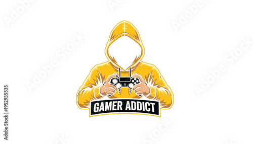 Gamer addict wearing yellow hoodie holding video game controller illustration