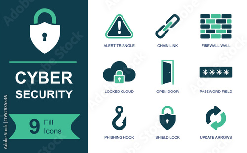 Cyber security icon set. Containing alert triangle, chain link, firewall wall, locked cloud, open door, password field, phishing hook, shield lock, sync arrows and more. Solid vector icons.
