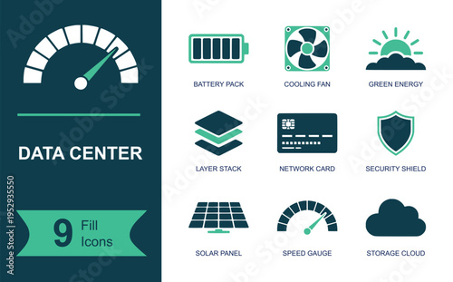 Data center icon set. Containing battery pack, cooling fan, green energy, layer stack, network card, security shield, solar panel, speed gauge, storage cloud and more. Solid vector icons.