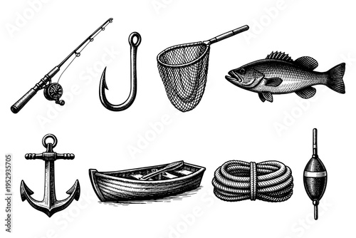 Collection of vintage fishing and nautical equipment illustrations in black and white