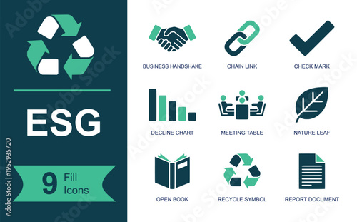 ESG icon set. Containing business handshake, chain link, check mark, decline chart, meeting table, nature leaf, open book, recycle symbol, report document and more. Solid vector icons.