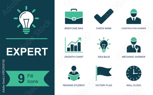 Expert icon set. Containing briefcase bag, check mark, construction worker, growth chart, idea bulb, mechanic worker, reading student, victory flag, wall clock and more. Solid vector icons.