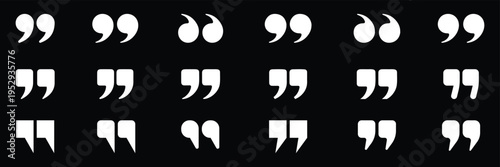 quote mark speech icon set, punctuation grid design, typographic symbols, closing quotes pattern, editorial graphics, black and white layout, language elements, writing visuals, text marks. Eps 10. 