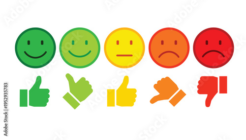 Emotion icons set with colorful smiley faces and thumbs up down