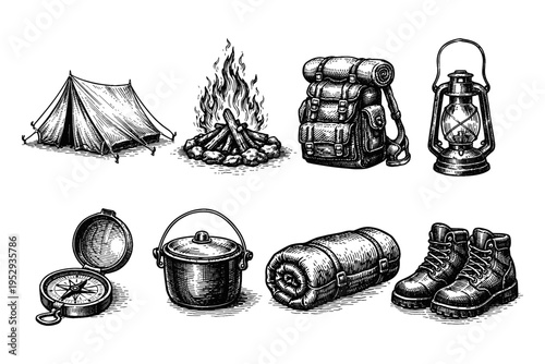 Vintage camping gear illustration: tent, campfire, backpack, lantern, compass, pot, sleeping bag, boots