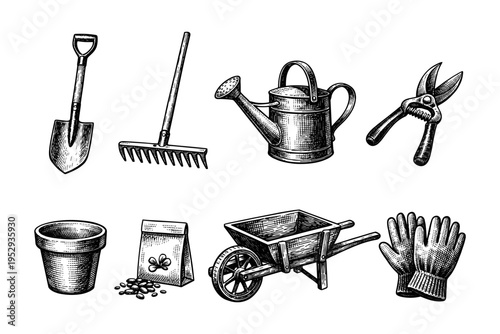 Vintage illustration of gardening tools including shovel, rake, watering can, pruners, pot, seeds, wheelbarrow, and gloves