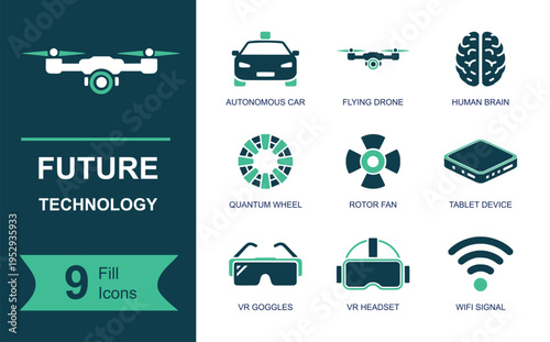 Future technology icon set. Containing autonomous car, flying drone, human brain, quantum wheel, rotor fan, tablet device, VR goggles, VR headset, WiFi signal and more. Solid vector icons.