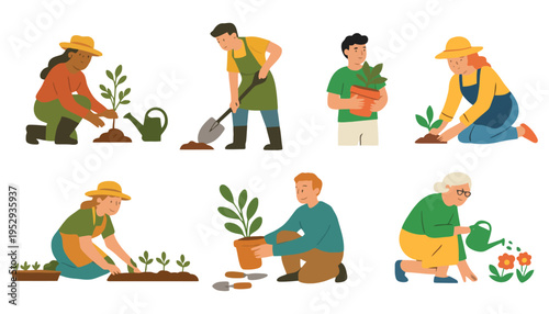 Gardening people illustration set with various activities and tools