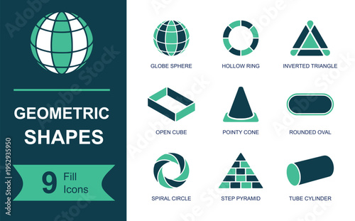 Geometric shapes icon set. Containing globe sphere, hollow ring, triangle, open cube, pointy cone, rounded oval, spiral circle, step pyramid, tube cylinder and more. Solid vector icons.