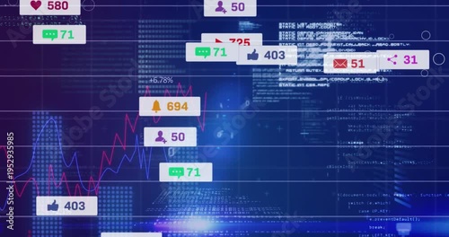 Analytics panel receiving feed, spawning badges on dark grid, updating charts, tracking metrics