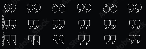 Quotation marks vector illustration set with thirty unique typographic styles, punctuation symbols, editorial design, typography element, creative writing graphic. Quote Marks Outline Icon Set. EPS 10