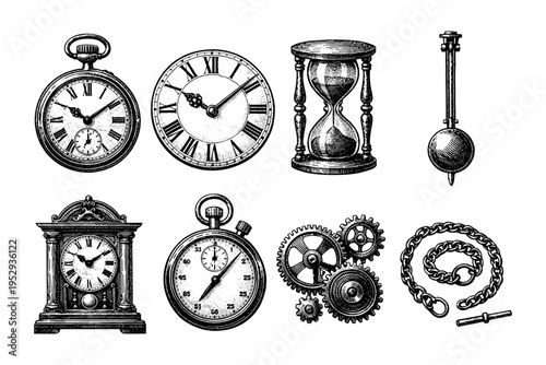 Collection of vintage timekeeping devices and mechanical components in a detailed engraving style