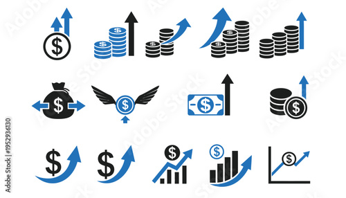 Money icon set with arrows and graphs for financial growth