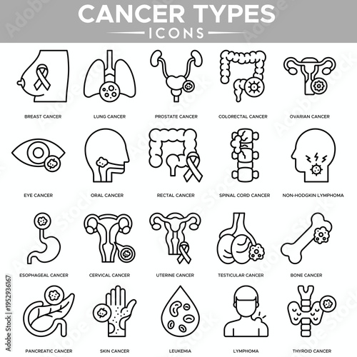 Cancer types icon set. Thin line icons including breast cancer, lung cancer, prostate cancer, skin cancer, leukemia, awareness ribbon, medical diagnosis, and healthcare concepts.