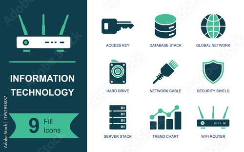 Information technology icon set. Containing access key, database, global network, hard drive, network cable, shield, server stack, trend chart, WiFi router and more. Solid vector icons.