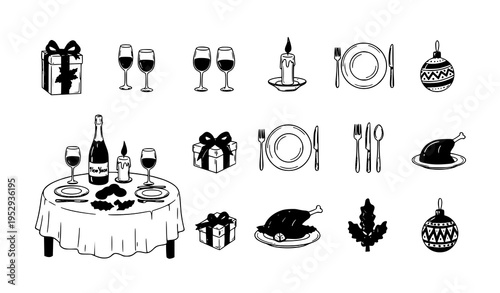 Retro vintage New Year doodle set with Christmas dinner table food wine and festive hand drawn elements vector