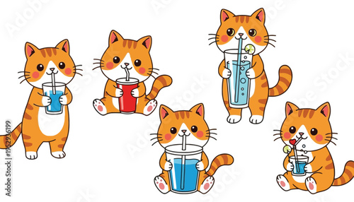 A cute cartoon cat drinking from a colorful cup illustration