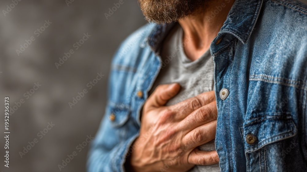 Obraz premium Man holding chest with concern while wearing denim jacket indoors during daytime