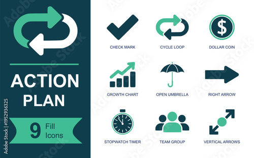 Action plan icon set. Containing check mark, cycle loop, dollar coin, growth chart, open umbrella, right arrow, stopwatch, team group, vertical arrows and more. Solid vector icons.