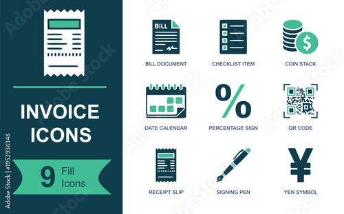 Invoice icon set. Containing bill document, checklist item, coin stack, date calendar, percentage sign, QR code, receipt slip, signing pen, yen symbol and more. Solid vector icons.