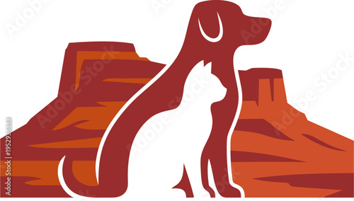 Stylized illustration of a dog and a cat in red and mountains in yellow